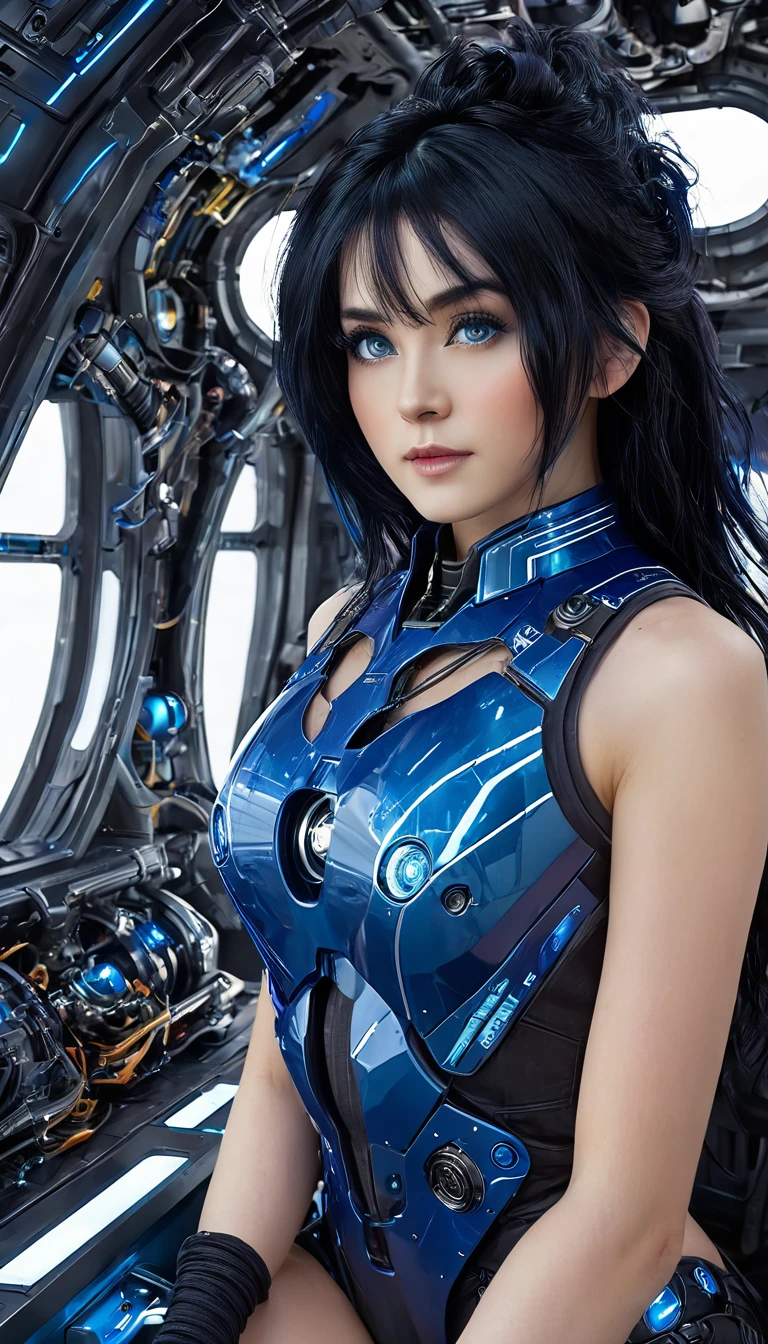 woman, Mechanical Blue Body ，Best Quality, masterpieceUltra HD, 8k,Futuristic spaceship interior，サイバーブルースーツを着たwoman，Black Hair，青 eyes，Shortcuts, Best Quality, High resolution, Ultra HD, blue eyes, 