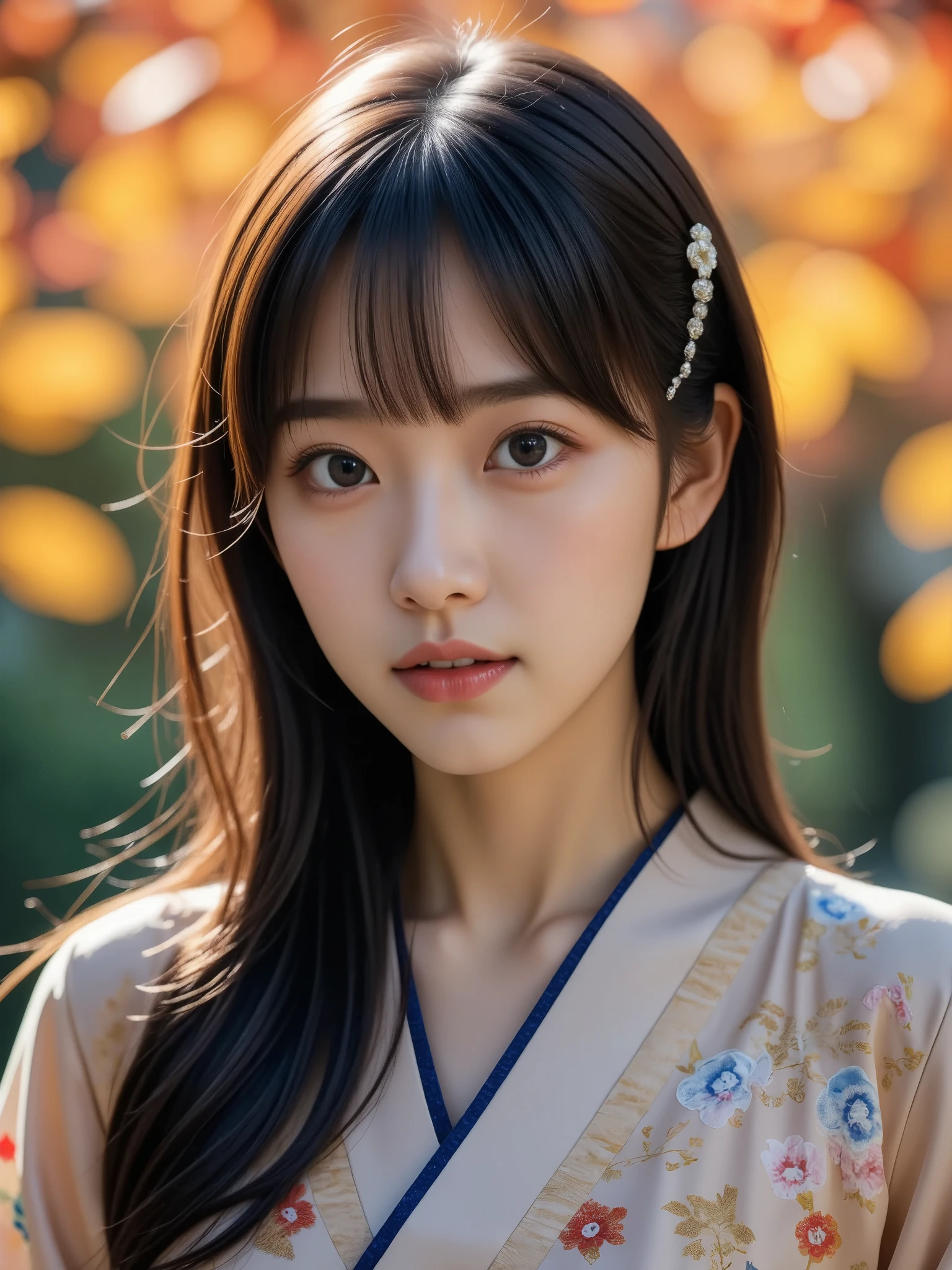 Young Japanese Woman, Age 19, Beautiful woman, Super cute face like an idol, Big eyes with double eyelids, Black Hair, bangs, kimono, Japanese style hair accessories, In a beautiful park with autumn leaves in the background,