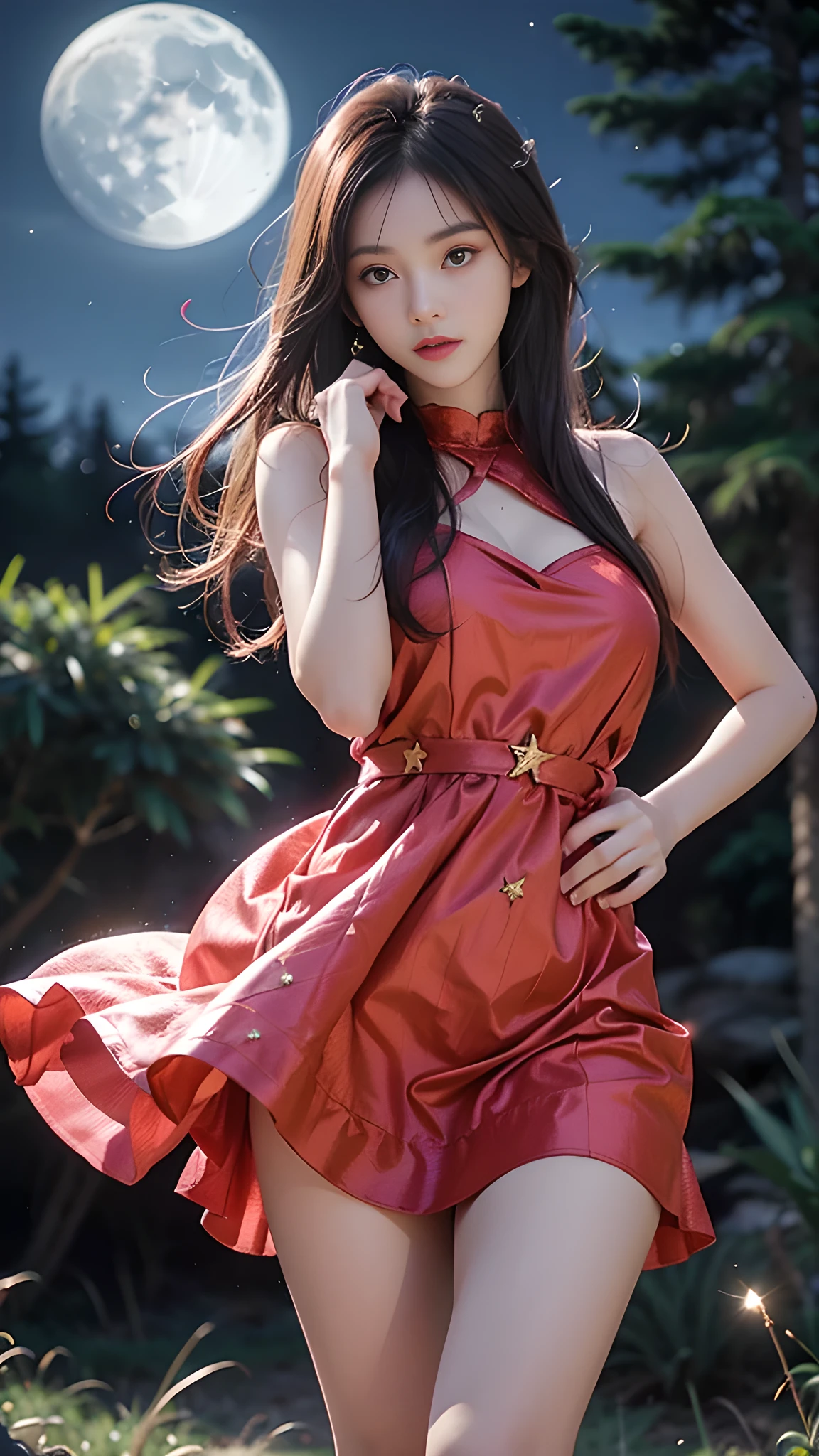 ulzzang-6500-v1.1, (RAW photo: 1.2), (Real photo), (Real photo: 1.4), 1 girl、Perfect anatomy、1、Looking at the camera、Medium length hair、dance dress, on the pine hill at night, with stars and moon, ((on the pine hill at night: 1.1))、(Business service)、Asian eyes Ella,