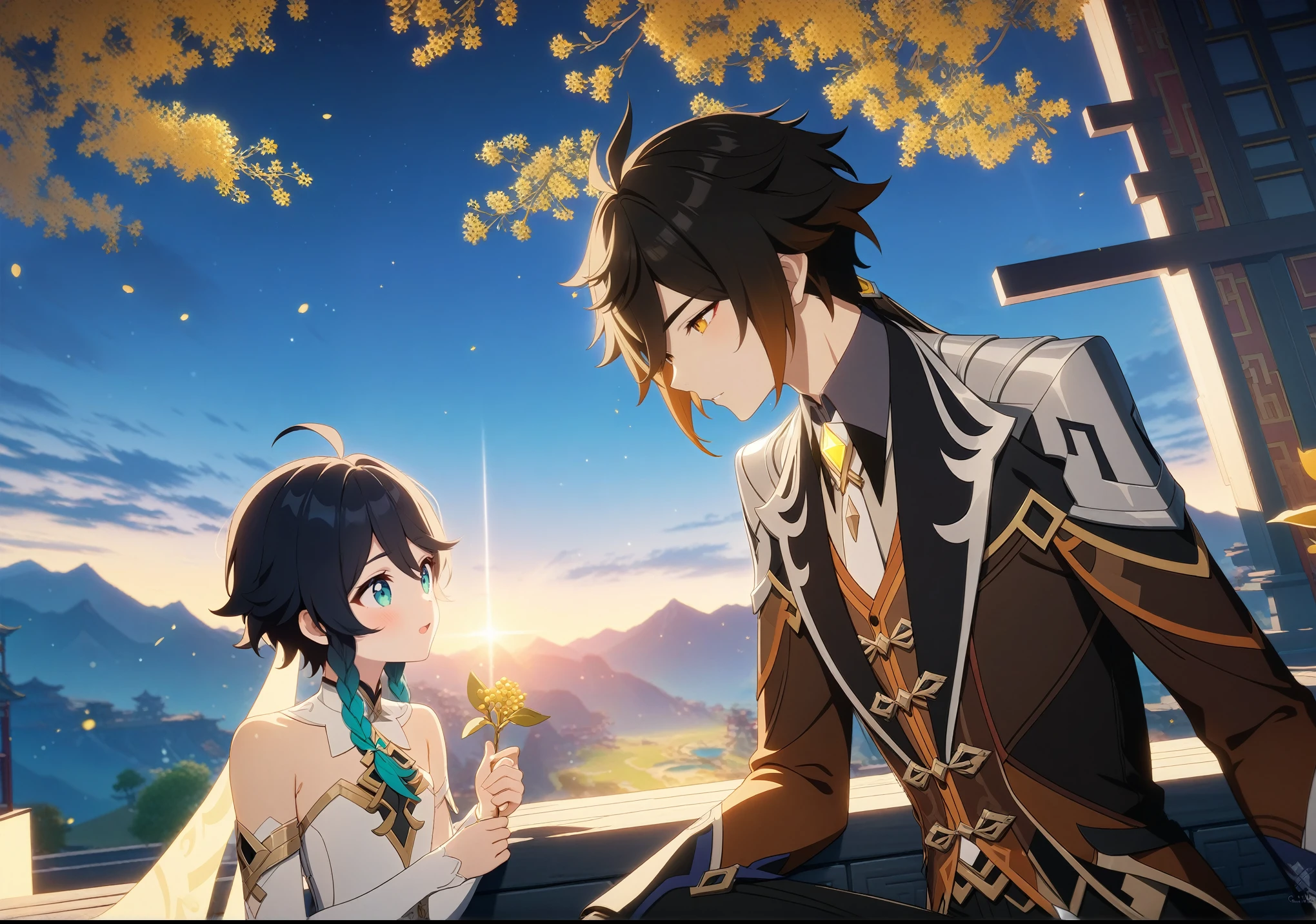 (best quality,4k,8k,highres,masterpiece:1.2),2boys,couple,zhongli_/(genshin_impact/) embracing venti_/(genshin_impact),male focus,intricately detailed,by carnelian, cel shading, fantasy china background, liyue, mountains,osmanthus flowers,male focus,romantic pair,volumetric lighting, sunset, golden illumination, wise and kind god,cinematic lighting, ray tracing, UHD, high details, high quality, award winning, super detail,vivid fantasy painting,hd color,size_difference,flat chest,on a date,extremely detailed eyes and face, beautiful detailed eyes,light on face,shine skin,dark hair