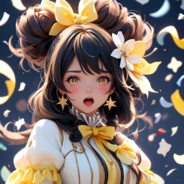 yellow_eye, 笑face, , open_mouth, :is, One girl, gloves, Looking_in_Viewers, bow, jewelry, mask, white_gloves, Earrings, Frills, wrist_cuffs, black_bow, cOnfetti, hair_bow,upper_boisy, hin, Sparkle, star_\(symbol\), fur_trim, hair_ornament, haniss_On_own_cheek, haniss_On_own_face