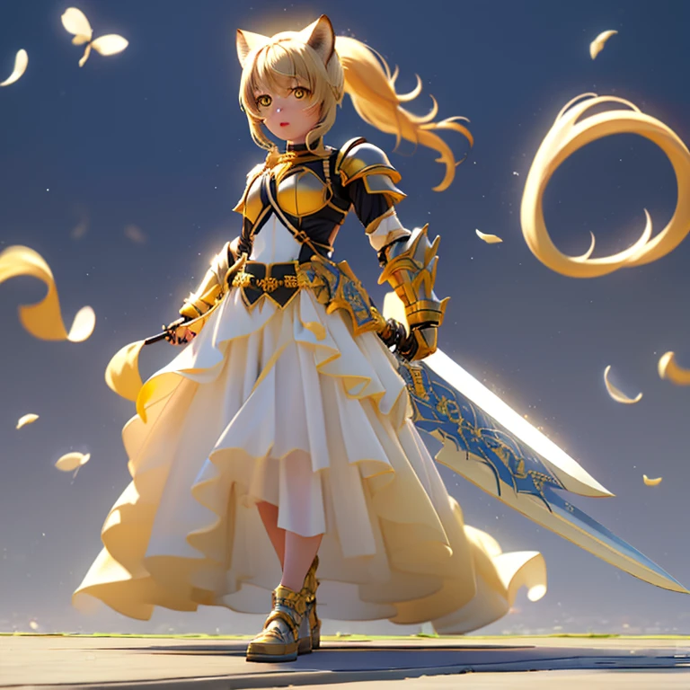 One girl, Blonde, Yellow Eyes, ponytail, Animal ears, Tail, Original Costume 2, White long skirt, armor, sword, shield,