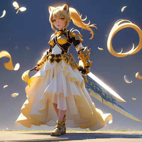 one girl, blonde, yellow eyes, ponytail, animal ears, tail, original costume 2, white long skirt, armor, sword, shield,