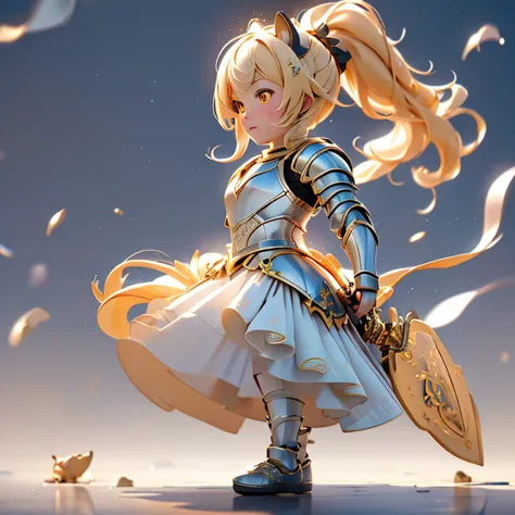 one girl, blonde, yellow eyes, ponytail, animal ears, tail, original costume 2, white long skirt, armor, sword, shield,