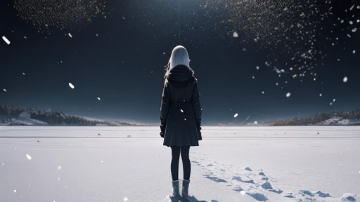 Girl standing in the falling snow、Snow is a white particle effect.