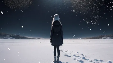 girl standing in the falling snow、snow is a white particle effect.