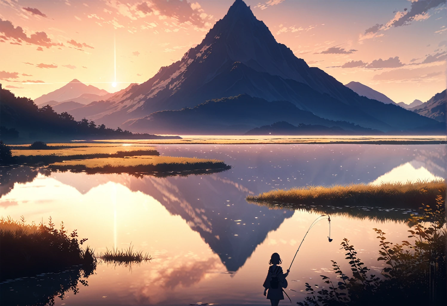 A serene landscape at sunset, featuring a young 1girl walking on the surface of a calm lake. She holds a fishing rod in one hand as the sky is painted with warm golden hues from the setting sun. The reflection of the girl and the sky are mirrored perfectly on the still water. In the distance, soft rolling hills and mountains create a peaceful, dreamlike horizon. The atmosphere is tranquil and magical, with a streak of light across the sky and a gentle glow from the sun reflecting off the water. Style inspired by high-quality anime, cinematic lighting, dramatic shadows, and detailed reflections. cinematic , 4k , 8k, high detail , high res ,