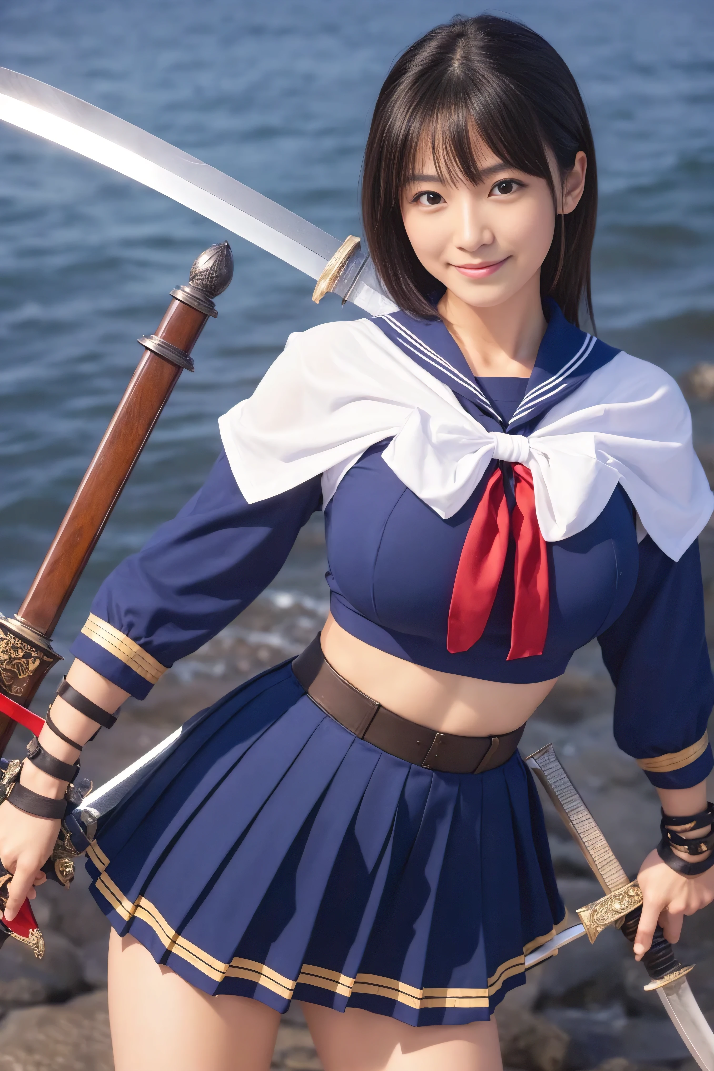 ((highest quality)), (be familiar with), perfect face, Japanese, 30yo, smile, Full body Esbian:1.5, big breasts:1.5, Woman warrior:1.5, sailor suit armor:1.5, adventurer, huge sword, huge sword, huge sword, huge gun, Sony FE GM