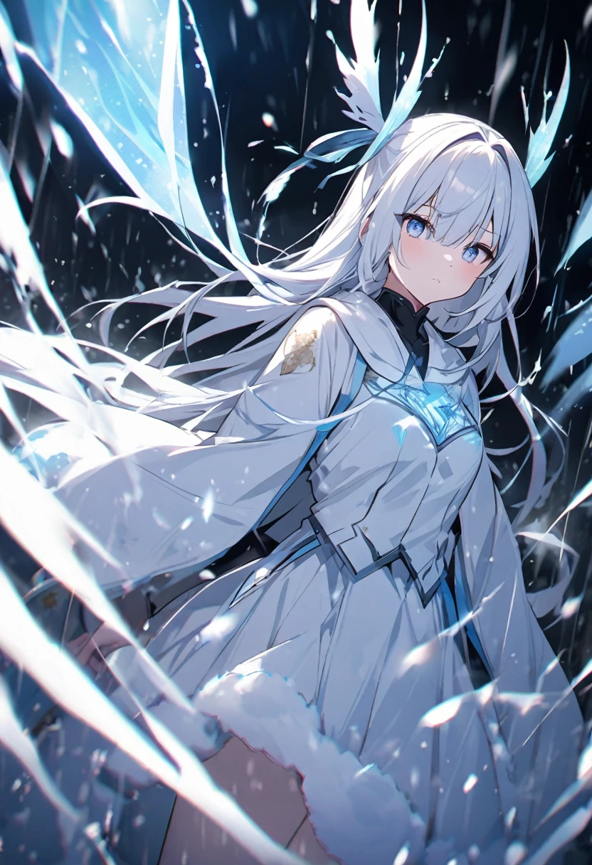 Yuki-onna standing in a snowstorm、Snow is a white particle effect.