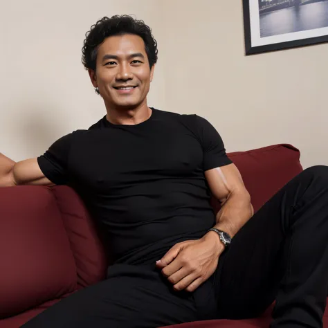 50 years old,One Man,、Muscular、Black Shirt、Red tie、black slim pants、bedroom ,sofa、sit、Black Hair、Very short perm。Asian Face　Stubble、The crotch area of my pants is bulging　smile