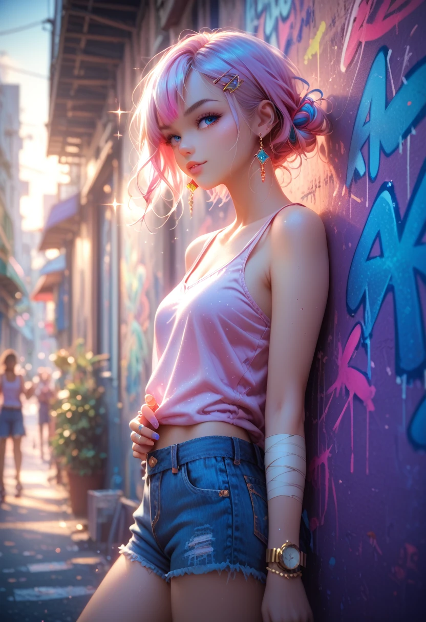 young woman, Bright Beautiful, Stands on the street near the wall with graffiti, Dressed in Casual Clothes, dyed hair, Sparkle in the eyes, Game of Shadows, masterpiece, maximum quality, Full Detailing, Spray Paint in Hand, bandage on the arm, Gold Watch on Hand, Fashion Outfit Casual Wear Tank Top And Shorts, Clip-on earrings, Hairpin, 8 k, 