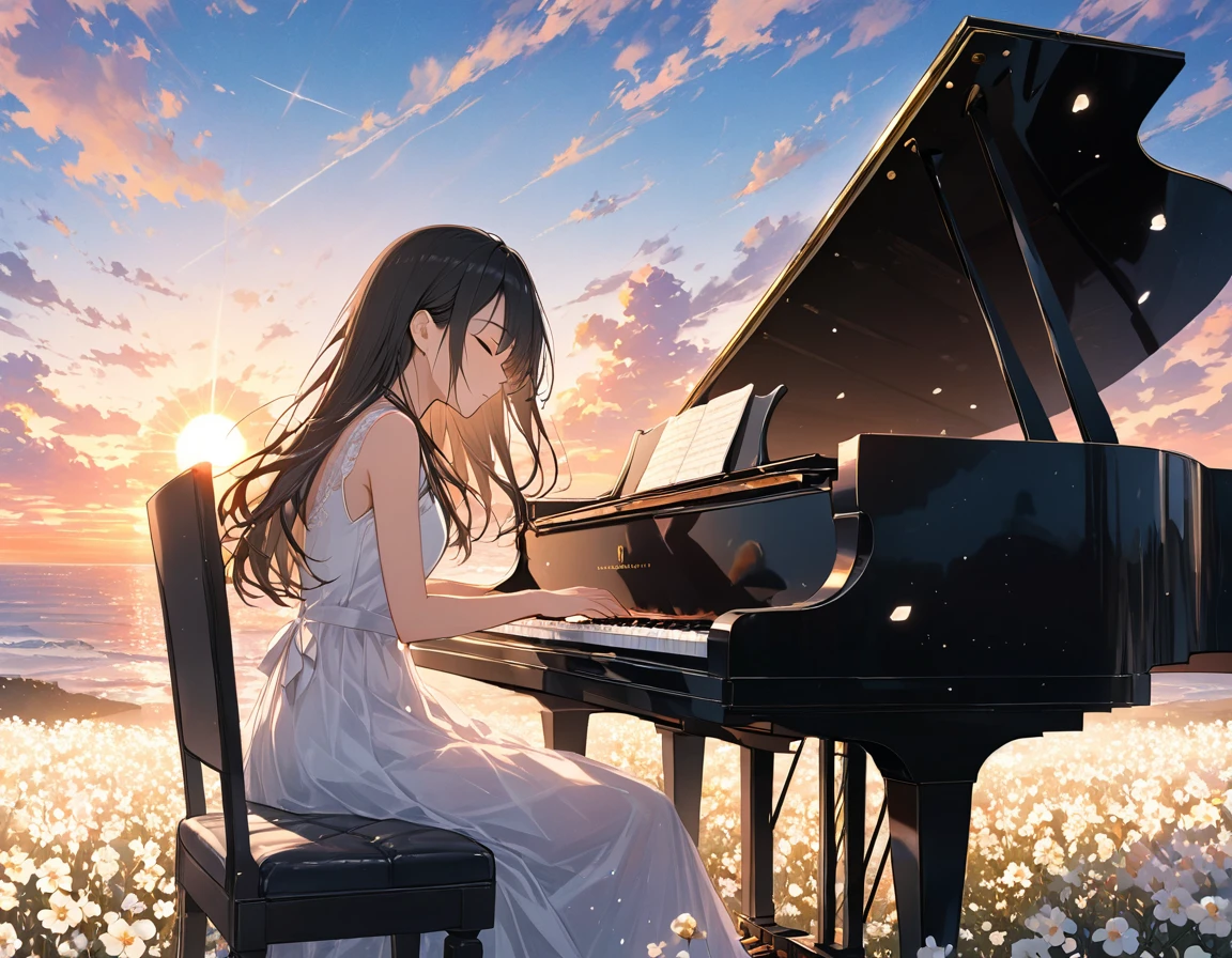 anime、((Amazingly absurd)),(masterpiece:1.2),超High resolution, Attention to detail, high quality, High resolution, 最high quality, 4K, 8k、Woman playing the piano,Sitting in a chair,Grand Piano,Put your hands on the keyboard,Black long hair,Close your eyes and relax,Wear a white dress,White Flower Field,Flying pop notes,colorful,The background is a sunset,I can see the horizon,The sun goes down,move,Sadness,A scene from a movie