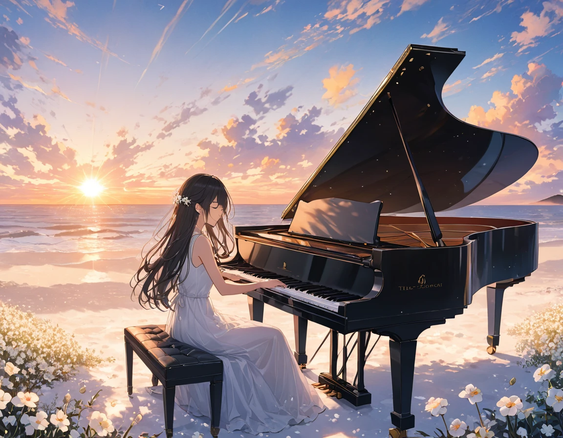 anime、((Amazingly absurd)),(masterpiece:1.2),超High resolution, Attention to detail, high quality, High resolution, 最high quality, 4K, 8k、Woman playing the piano,Sitting in a chair,Grand Piano,Put your hands on the keyboard,Black long hair,Close your eyes and relax,Wear a white dress,White Flower Field,Flying pop notes,colorful,The background is a sunset,I can see the horizon,The sun goes down,move,Sadness,A scene from a movie