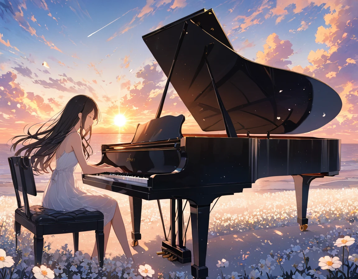 anime、((Amazingly absurd)),(masterpiece:1.2),超High resolution, Attention to detail, high quality, High resolution, 最high quality, 4K, 8k、Woman playing the piano,Sitting in a chair,Grand Piano,Put your hands on the keyboard,Black long hair,Close your eyes,Carefully drawn,relax,Wear a white dress,White Flower Field,Flying pop notes,colorful,The background is a sunset,I can see the horizon,The sun goes down,move,Sadness,A scene from a movie