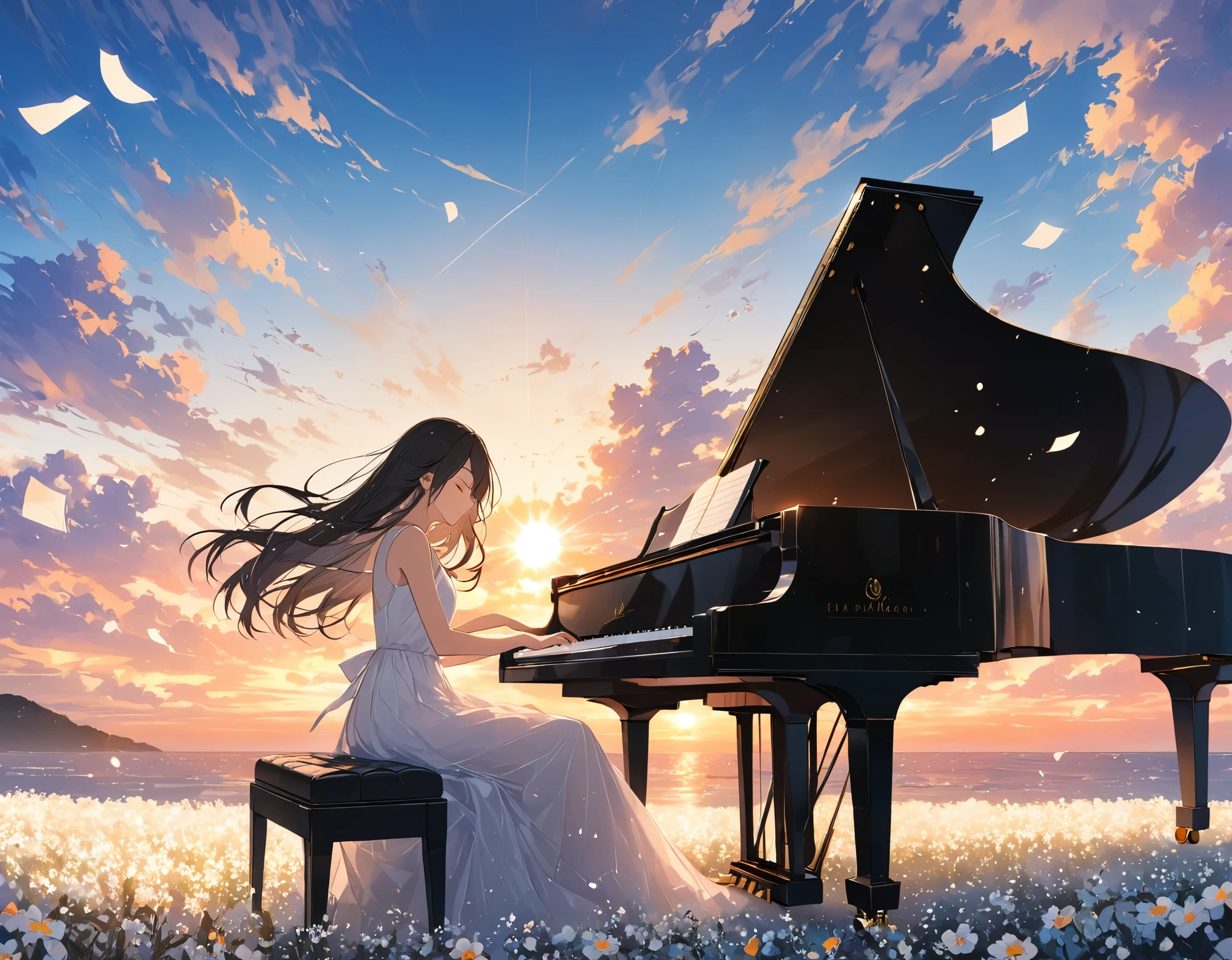 anime、((Amazingly absurd)),(masterpiece:1.2),超High resolution, Attention to detail, high quality, High resolution, 最high quality, 4K, 8k、Woman playing the piano,Sitting in a chair,Grand Piano,Put your hands on the keyboard,Black long hair,Close your eyes and relax,Wear a white dress,White Flower Field,Flying pop notes,colorful,The background is a sunset,I can see the horizon,The sun goes down,move,Sadness,A scene from a movie