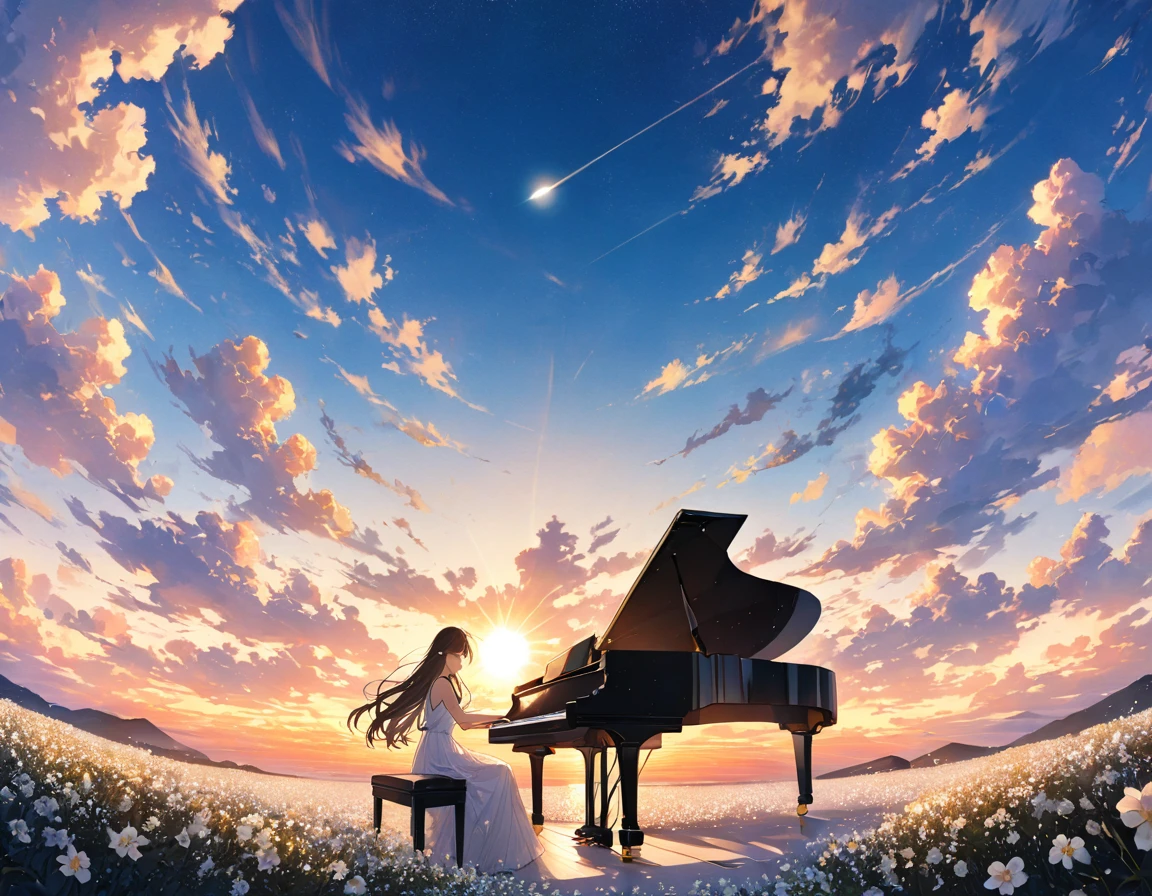 anime、((Amazingly absurd)),(masterpiece:1.2),超High resolution, Attention to detail, high quality, High resolution, 最high quality, 4K, 8k、Woman playing the piano,Sitting in a chair,Grand Piano,Put your hands on the keyboard,Black long hair,Close your eyes and relax,Wear a white dress,White Flower Field,Flying pop notes,colorful,The background is a sunset,I can see the horizon,The sun goes down,move,Sadness,A scene from a movie