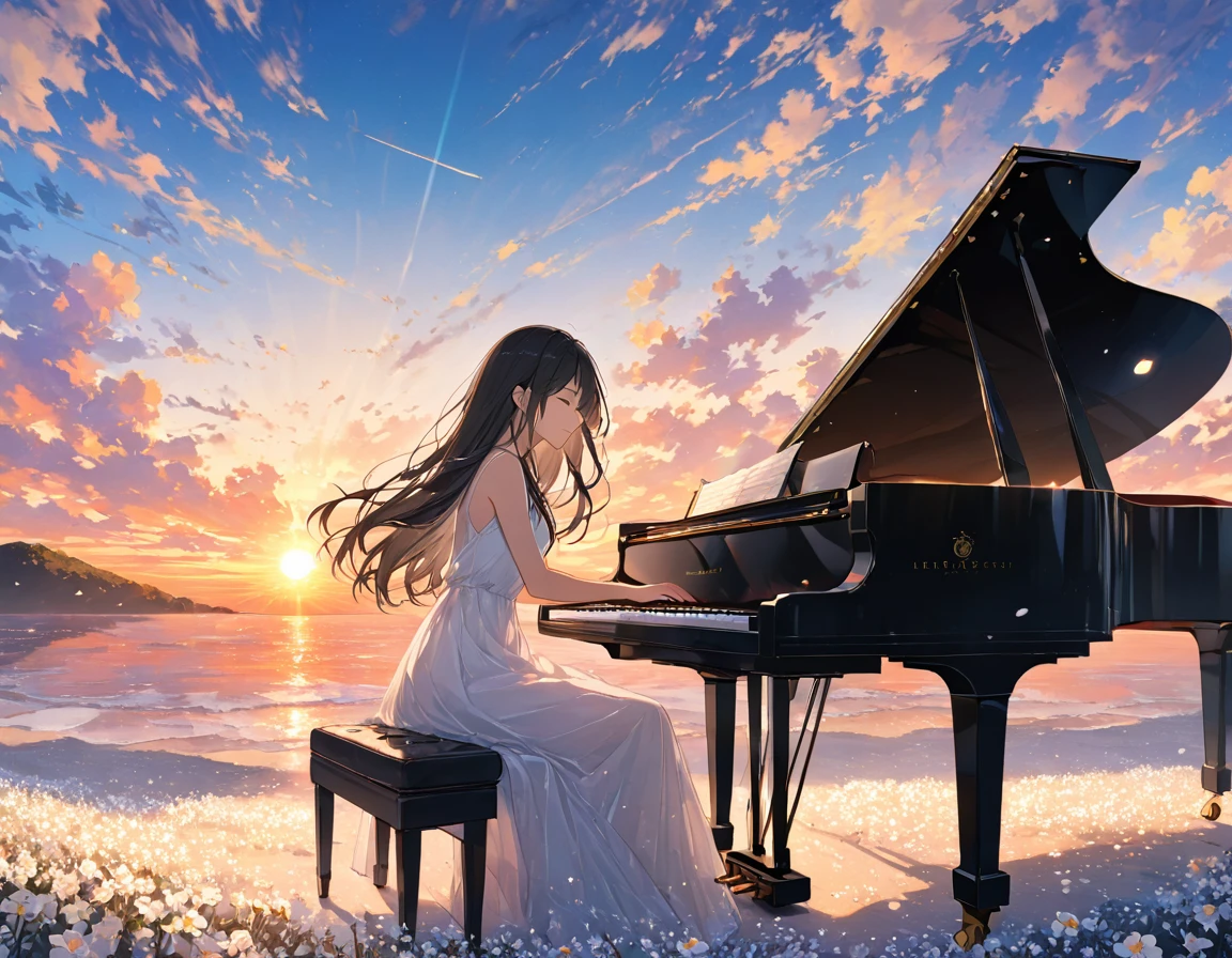 anime、((Amazingly absurd)),(masterpiece:1.2),超High resolution, Attention to detail, high quality, High resolution, 最high quality, 4K, 8k、Woman playing the piano,Sitting in a chair,Grand Piano,Put your hands on the keyboard,Black long hair,Close your eyes and relax,Wear a white dress,White Flower Field,Flying pop notes,colorful,The background is a sunset,I can see the horizon,The sun goes down,move,Sadness,A scene from a movie