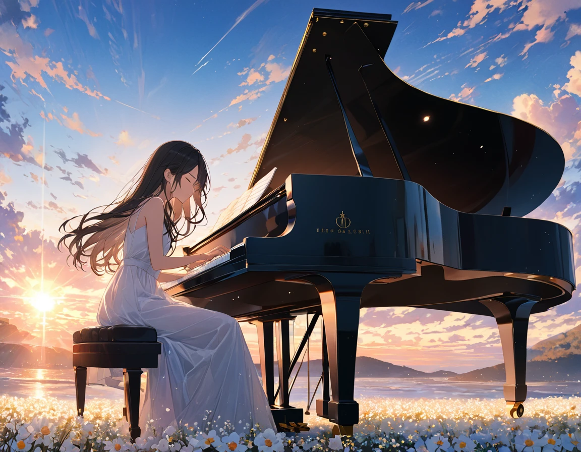 anime、((Amazingly absurd)),(masterpiece:1.2),超High resolution, Attention to detail, high quality, High resolution, 最high quality, 4K, 8k、Woman playing the piano,Sitting in a chair,Grand Piano,Put your hands on the keyboard,Black long hair,Close your eyes and relax,Wear a white dress,White Flower Field,Flying pop notes,colorful,The background is a sunset,I can see the horizon,The sun goes down,move,Sadness,A scene from a movie