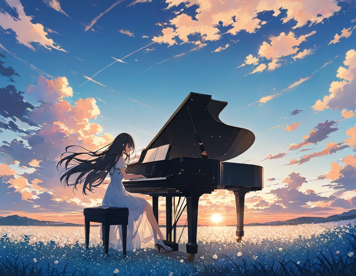 anime、((Amazingly absurd)),(masterpiece:1.2),超High resolution, Attention to detail, high quality, High resolution, 最high quality, 4K, 8k、Woman playing the piano,Sitting in a chair,Grand Piano,Put your hands on the keyboard,Black long hair,Close your eyes and relax,Wear a white dress,White Flower Field,Flying pop notes,colorful,The background is a sunset,I can see the horizon,The sun goes down,move,Sadness,A scene from a movie