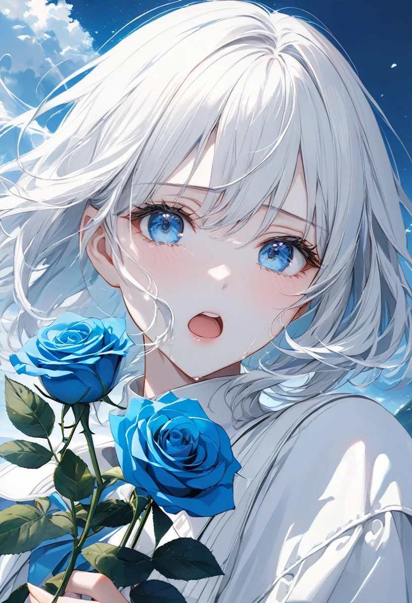 anime、((Amazingly absurd)),(masterpiece:1.2),超High resolution, Attention to detail, high quality, High resolution, 最high quality, 4K, 8k、Woman holding a rose,One Blue Rose,White and blue theme,Woman close up,White Hair,Medium Hair,Blowing in the Wind,White clothes,Very white skin,blue eyes,shining blue,emphasize,Crying with your mouth open,It&#39;s burning underneath,Blue Flame,Sadness