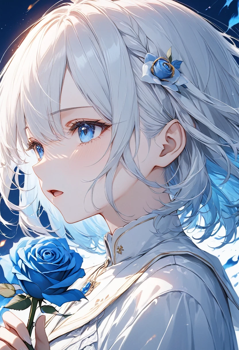 anime、((Amazingly absurd)),(masterpiece:1.2),超High resolution, Attention to detail, high quality, High resolution, 最high quality, 4K, 8k、Woman holding a rose,One Blue Rose,White and blue theme,Woman close up,White Hair,Medium Hair,Blowing in the Wind,White clothes,Very white skin,blue eyes,shining blue,emphasize,Open your mouth,Big tears,Angle from the front,Blue background,Burning background,Blue Flame,Sadness