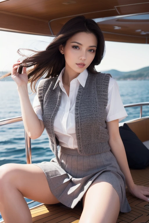 Best Quality, Masterpiece, Composition above the knees, One beautiful woman, sitting on the deck of a yacht, Highly detailed eyes, Highly detailed mouth, Spread your legs with your hands, My hair is blowing in the wind, Gaze Here, Knit vest, shirt, Pleated skirt, NSFW