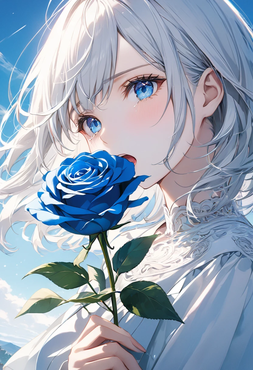 anime、((Amazingly absurd)),(masterpiece:1.2),超High resolution, Attention to detail, high quality, High resolution, 最high quality, 4K, 8k、Woman holding a rose,One Blue Rose,White and blue theme,Woman close up,White Hair,Medium Hair,Blowing in the Wind,White clothes,Very white skin,blue eyes,shining blue,emphasize,Crying with your mouth open,It&#39;s burning underneath,Blue Flame,Sadness