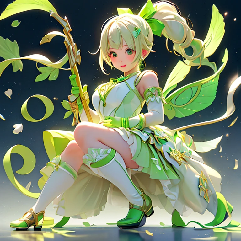 Magical Fairy Swordsman Leafa、blonde、White hair ribbon、Green Eyes、Green magical girl costume、Blonde ponytail、White hair ribbon、Yellow ribbon with a large emerald brooch、White pleated skirt with green lines、Green and yellow long gloves、Green thigh-high stiletto heel boots with gold molding、