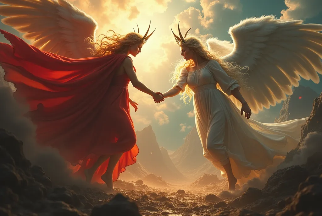 Epic Battle, The fierce battle between the Archangel Gabriel and the Great Witch Lilith, the earthly world has been destroyed, human civilization has collapsed, and those who remain look up at the battle between God and the devil in despair, ((masterpiece, highest quality, Highest image quality, High resolution, photorealistic, Raw photo, Extremely detailed CG unified 8k wallpaper)), (Huge and stunning goddess shot, Very hot and sexy, Incredible beauty, Perfect Proportions, Beautiful body, Slim body beauty:1.4), 