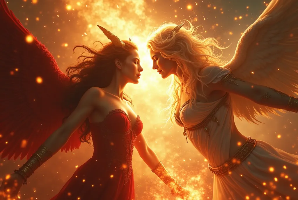 Epic Battle, The fierce battle between the Archangel Gabriel and the Great Witch Lilith, rage and hatred have become fire and thunder, piercing each other's bodies, the earthly world has been destroyed, human civilization has collapsed, and those left behind look up at the battle between God and the devil in despair, ((masterpiece, highest quality, Highest image quality, High resolution, photorealistic, Raw photo, Extremely detailed CG unified 8k wallpaper)), (Huge and stunning goddess shot, Very hot and sexy, Incredible beauty, Perfect Proportions, Beautiful body, Slim body beauty:1.4), 