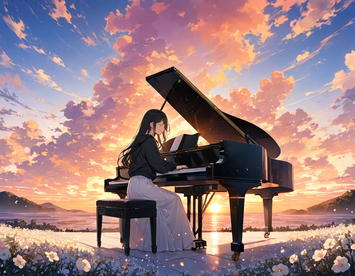 anime、((Amazingly absurd)),(masterpiece:1.2),超High resolution, Attention to detail, high quality, High resolution, 最high quality, 4K, 8k、Woman playing the piano,Sitting in a chair,Grand Piano,Put your hands on the keyboard,Black long hair,Close your eyes and relax,Black hoodie,White mini skirt,White Flower Field,Flying pop notes,colorful,The background is a sunset,I can see the horizon,The sun goes down,move,Sadness,A scene from a movie