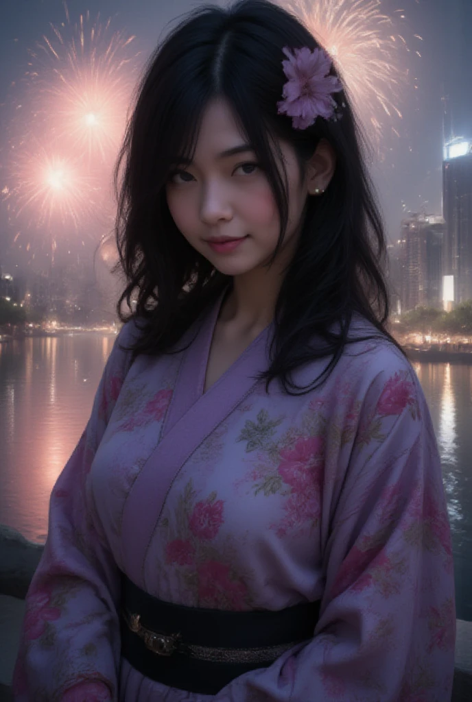 Score_9, score_8_up, score_7_up, masterpiece, best quality, high resolution, reality, 1girl, solo, Japanese girl, happy expression, looking at viewer, upper body, medium hair, black hair, bangs, (purple-blue floral kimono, silky kimono), (night, city river bank background:1.3), (fireworks:1.3)