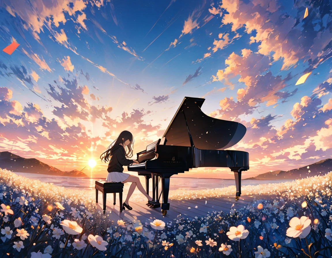 anime、((Amazingly absurd)),(masterpiece:1.2),超High resolution, Attention to detail, high quality, High resolution, 最high quality, 4K, 8k、Woman playing the piano,Sitting in a chair,Grand Piano,Put your hands on the keyboard,Black long hair,Close your eyes and relax,Black hoodie,White mini skirt,White Flower Field,Flying pop notes,colorful,The background is a sunset,I can see the horizon,The sun goes down,move,Sadness,A scene from a movie