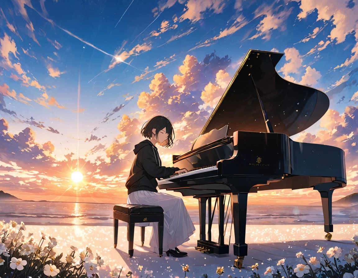 anime、((Amazingly absurd)),(masterpiece:1.2),超High resolution, Attention to detail, high quality, High resolution, 最high quality, 4K, 8k、Woman playing the piano,Sitting in a chair,Grand Piano,Put your hands on the keyboard,Black short hair,Close your eyes and relax,Black hoodie,White mini skirt,White Flower Field,Flying pop notes,colorful,The background is a sunset,I can see the horizon,The sun goes down,move,Sadness,A scene from a movie