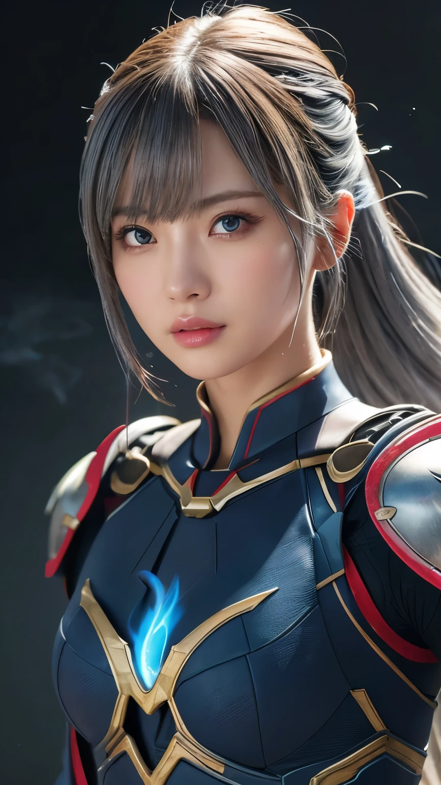 (１People Girl、Gray Hair、、Superhero, Colorful Costumes,)、  masterpiece, Best Quality、Ultra HD、Ultra-high resolution、wonderful, (CG illustration、8k )、night, Outdoor,(Fractal art pattern costume),Asian、 Mature Big Tits, Indifference, Seriousness, bangs,  Facial details, Facial details、Upper Body、Perfectly accurate anatomy、(Blue flame background),((Ultra-Realistic Details))、Portrait、Global Illumination、Octane Rendering、超A high resolution 、8k、Super sharp、Absurd、Degrees of Freedom:1.5、huge 、Intricate decorative details、More about Japan、Very intricate details、Realistic Light、(Mystical Expressions),CGSoation Trend、(Photorealistic:1.4)、(fight、battle、battle中、battleシーン、激しいfight、Attack、dive、Fly around)、squat、Bend、