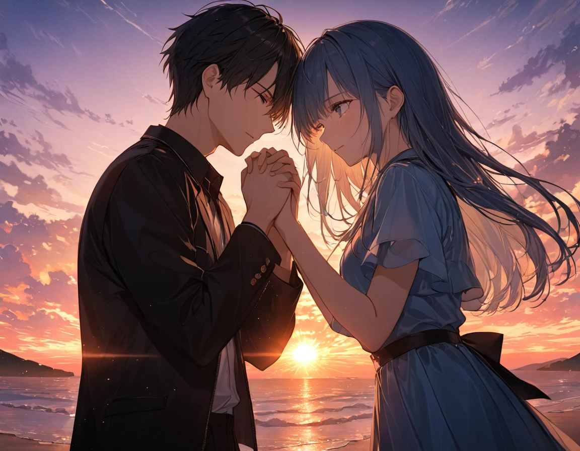 anime、((Amazingly absurd)),(masterpiece:1.2),超High resolution, Attention to detail, high quality, High resolution, 最high quality, 4K, 8k、One Couple,The two of them face each other,Matching outfits,Put your hands together,cry,Split down the middle,Divided by light,The background is a sunset,I can see the horizon,The sun goes down,move,Sadness,A scene from a movie,Side Angle