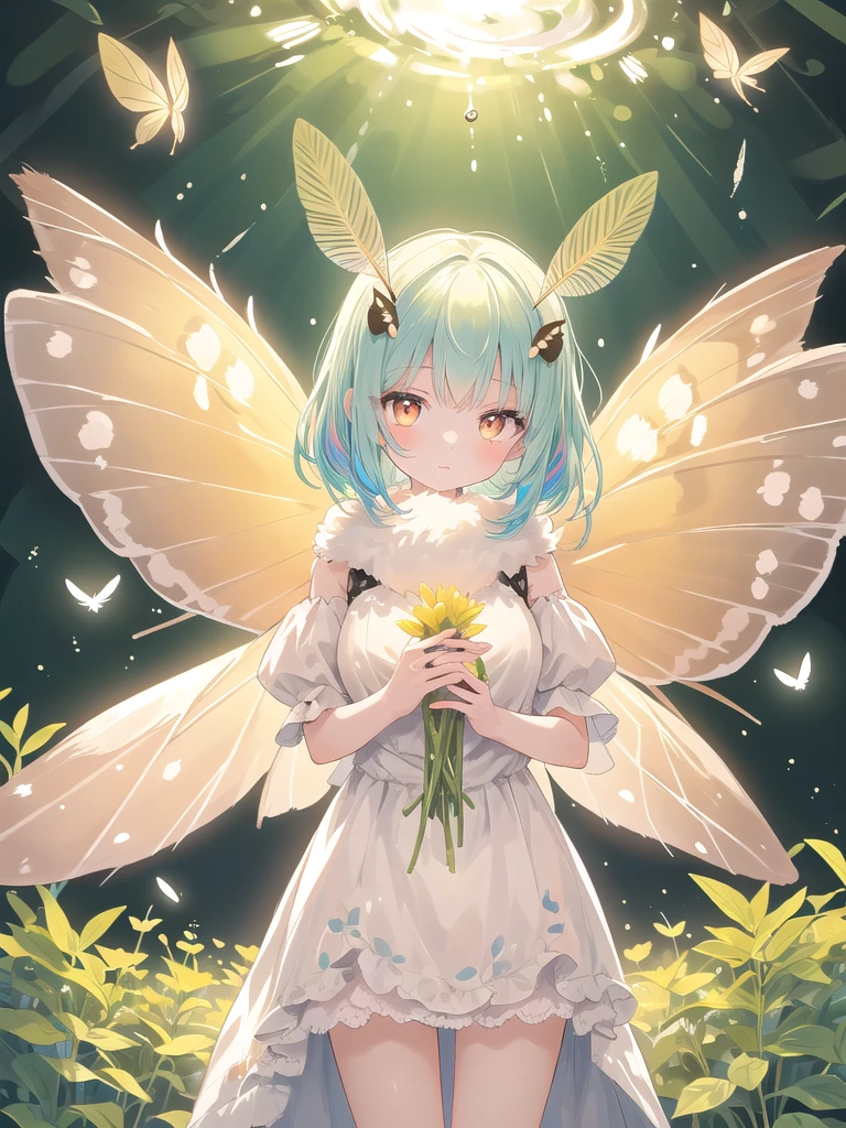 Mother Moth Girl CPT, Moth antennae, Moth Wing, solo, One girl, Hanging antennae、cute、Fluffy、Light production、Silkworm moth,((Beautiful feathers)),Colorful background