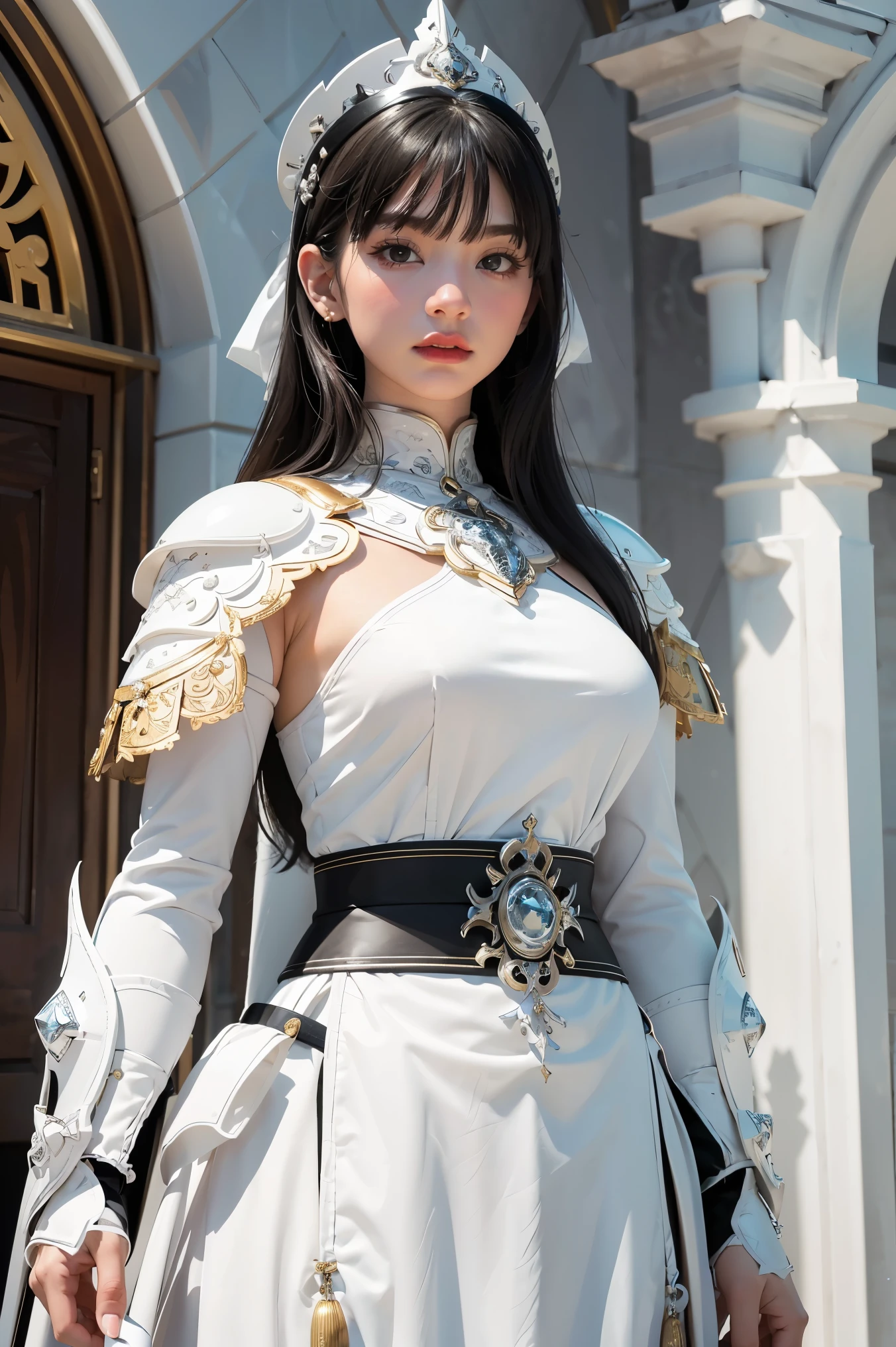 there is a woman dressed in a white and black outfit holding a sword, detailed armor with white scarf, detailed white armor, glossy white armor, ornate korean polearm behind her, wearing ornate armor, intricate white armor, dressed like a cleric, wearing diamond armor, wearing intricate fur armor, wearing shiny breastplate, modern clean white armor, ornate bikini armor