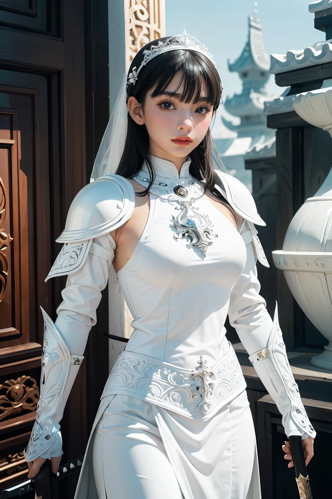 there is a woman dressed in a white and black outfit holding a sword, detailed armor with white scarf, detailed white armor, glossy white armor, ornate korean polearm behind her, wearing ornate armor, intricate white armor, dressed like a cleric, wearing diamond armor, wearing intricate fur armor, wearing shiny breastplate, modern clean white armor, ornate bikini armor