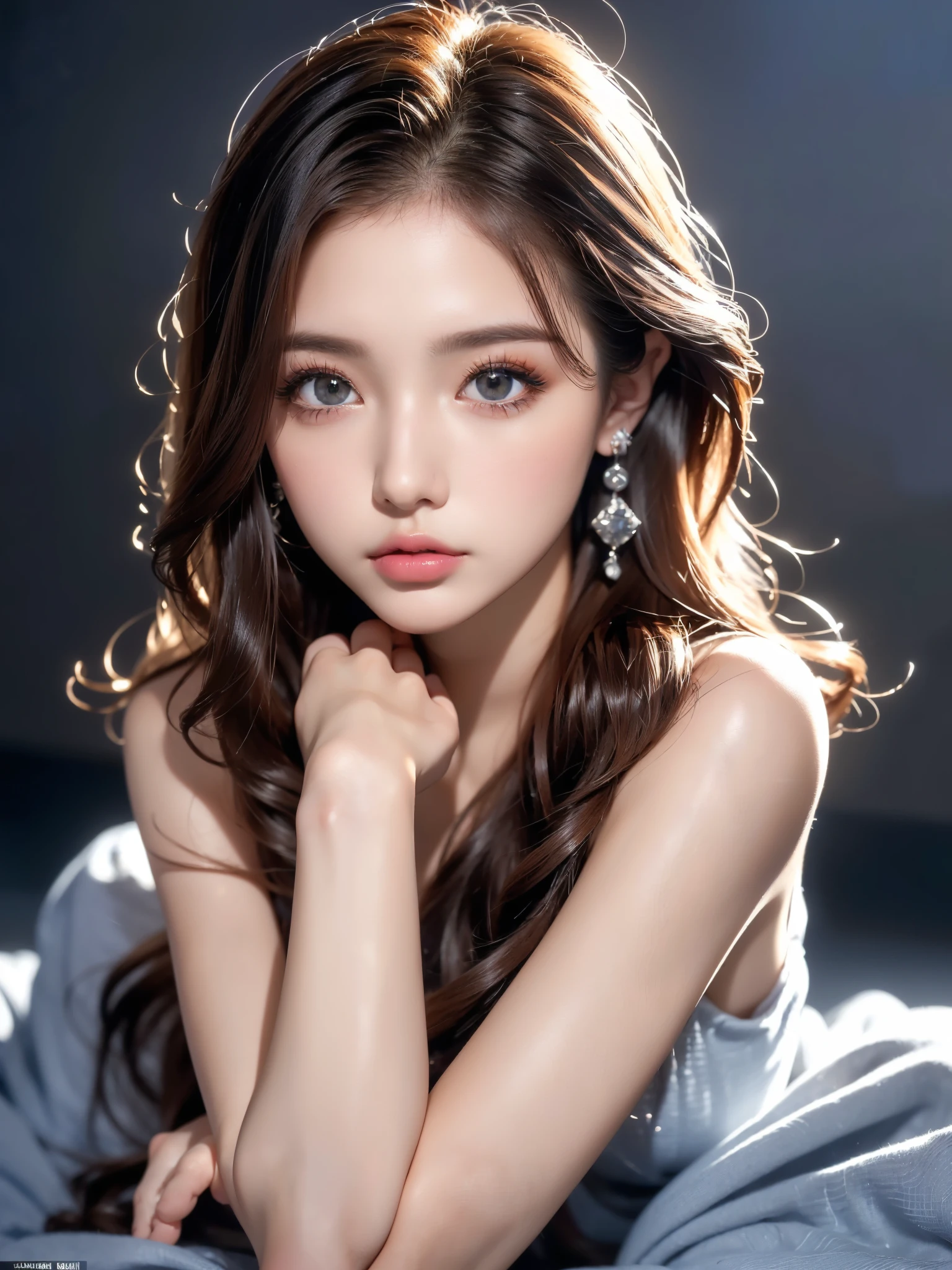 (UHigh resolution, retina, masterpiece, Accurate, Anatomically correct, Textured skin, Super Detail, Attention to detail, high quality, 最high quality, High resolution, 1080P, High resolution, 4K, 8k, 16k), (美しいAttention to detail目, Beautiful lip detail, Highly detailed eyes and face), Soft lighting, Physically Based Rendering, Vibrant colors,(((最high quality,masterpiece, 高精細CG8kイラスト, Highly detailed face and eyes,masterpiece, 最high quality, Alone, One girl, Glowing Skin, Earrings,Bright lighting, Splendid, Whimsical details,  Fascinating,clothing:dress,Hairstyle: Wavy Hair,background:A space based on white and grey,Shallow depth of field, Contrasting,Detailed eyes,Symmetrical eyes,))), (Glowing Skin), (Urzan-6500:0.33),(((Full Body Shot,Cowboy Shot,Portrait,feet)))