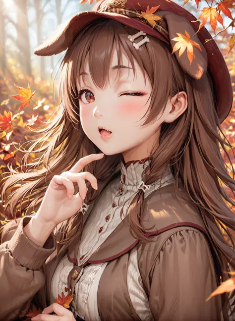 yukino_yukinoshita, 1girl, bone hair ornament, virtual youtuber, one eye closed, solo, autumn leaves, animal ears, brown hair, d...