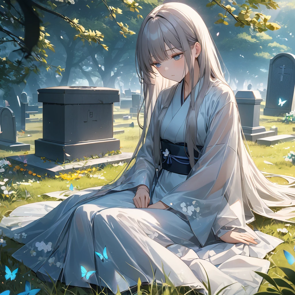 anime、((Amazingly absurd)),(masterpiece:1.2),超High resolution, Attention to detail, high quality, High resolution, 最high quality, 4K, 8k、One woman,sitting at the grave,Translucent Woman,Already dead,Japanese style grave,A single flower attached,Sad face,Long Hair,Blowing in the Wind,Butterflies fluttering,it&#39;s raining,Wet Stone,A scene from a movie