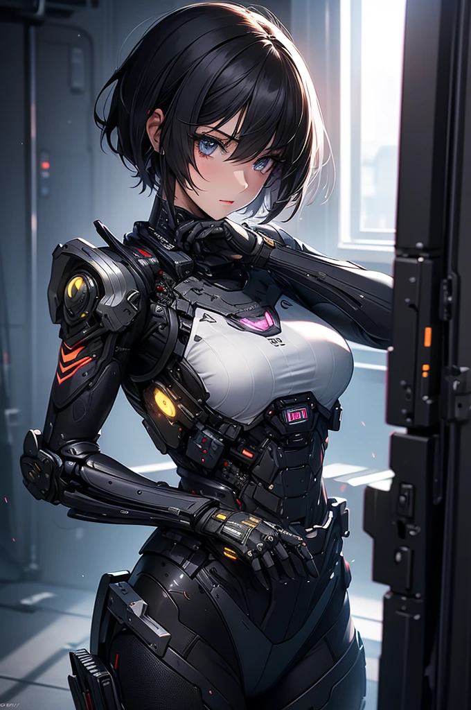 masterpiece,best quality,extremely detailed CG,ultra-detailed,beautiful detailed eyes,1girl,call of duty, aiming, guns,cyber pank,robot girl,skinny,short hair,