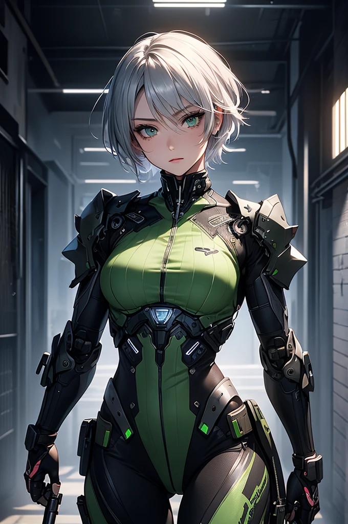 masterpiece,best quality,extremely detailed CG,ultra-detailed,beautiful detailed eyes,1girl,call of duty, aiming, guns,cyber pank,robot girl,skinny,short hair,silver hair,green eyes,black costume,cowboy shot,