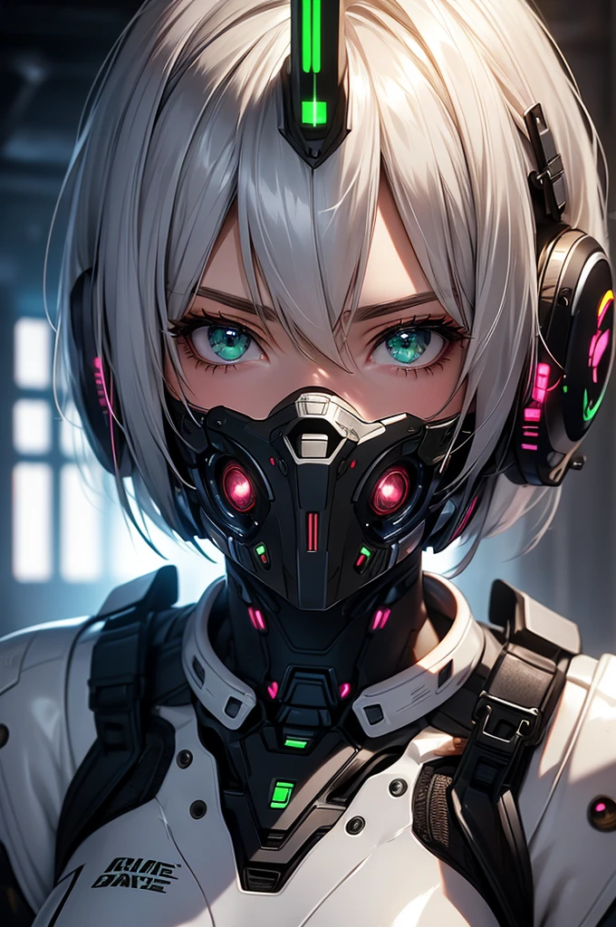 masterpiece,best quality,extremely detailed CG,ultra-detailed,beautiful detailed eyes,1girl,call of duty, aiming, guns,cyber pank,robot girl,skinny,short hair,silver hair,green eyes,white costume,cowboy shot,face mask,