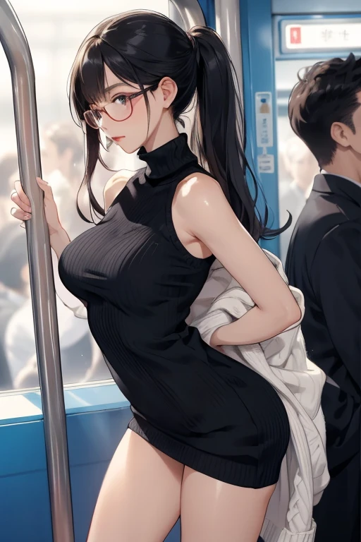 ((Best Quality)), ((masterpiece)), (detailed), A woman looking to the side，nsfw1.9,In a crowded train,横向きの身bodyでこちらを見る,Beautiful woman seen from below 1.6，Showing off panties 1.5,Japanese married women，Beautiful body line，Beautiful Face，Clear Eyes，difficult, Beautiful Skin，Beautiful Hands，Beautiful legs，Long limbs，Black Hair，Beautiful long hair，Shiny Hair，Thin lips，Mouth half open，Big Breasts，blush，，Embarrassed expression，shortness of breath，Expressions of Ecstasy，Black-rimmed glasses，Bored eyes behind glasses，Tears,
Full body Shot，Side view,Standing，Arching your back and sticking out your chest，Woman upset，
Wearing a white knit，Turtleneck sweater，Sleeveless sweater，Beautiful clavicle，The sweater fits the woman snugly.&#39;body，乳首がStanding，The fabric of the sweater is thin，Embarrassing love juices running down her thighs，Are you seducing me???？Crying face，Climax expression，Expressions of ecstasy，Orgasm facial expression，Sexy mouth，Fully visible pussy，Plenty of love juice dripping down her thighs,I&#39;m not wearing a skirt..9,Showing off panties 1.7,Lace sexy panties 1.8,