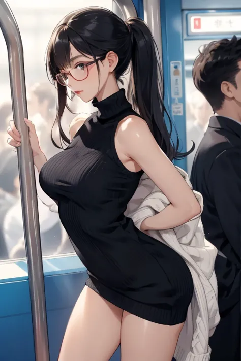 ((best quality)), ((masterpiece)), (detailed), a woman looking to the side，nsfw1.9,in a crowded train,横向きの身bodyでこちらを見る,beautiful...