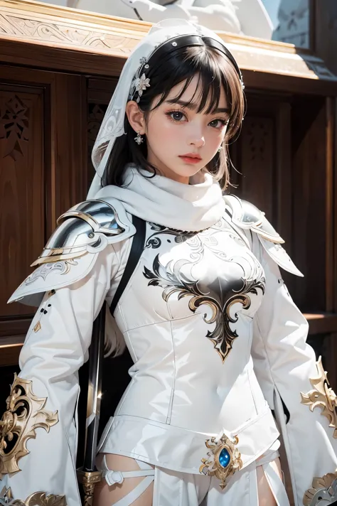 there is a woman dressed in a white and black outfit holding a sword, detailed armor with white scarf, detailed white armor, glo...