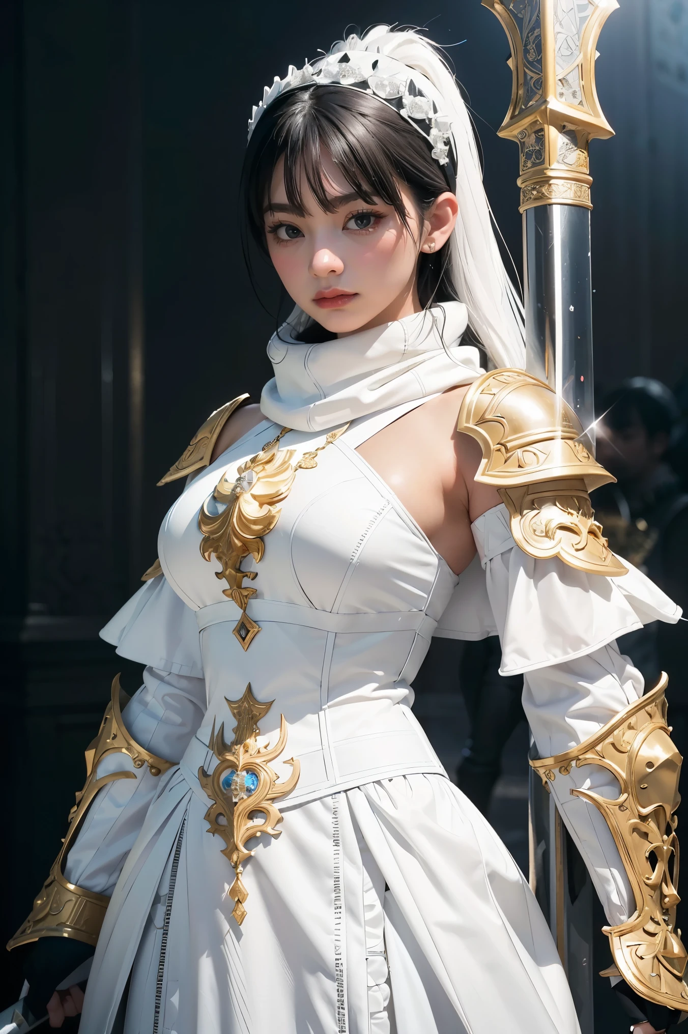 there is a woman dressed in a white and black outfit holding a sword, detailed armor with white scarf, detailed white armor, glossy white armor, ornate korean polearm behind her, wearing ornate armor, intricate white armor, dressed like a cleric, wearing diamond armor, wearing intricate fur armor, wearing shiny breastplate, modern clean white armor, ornate bikini armor