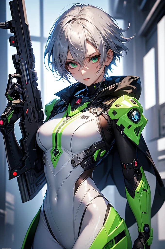 masterpiece,best quality,extremely detailed CG,ultra-detailed,beautiful detailed eyes,1girl,aiming,holding guns,cyber pank,robot girl,skinny,short hair,silver hair,green eyes,white costume,cowboy shot,goggles,dynamic pose,